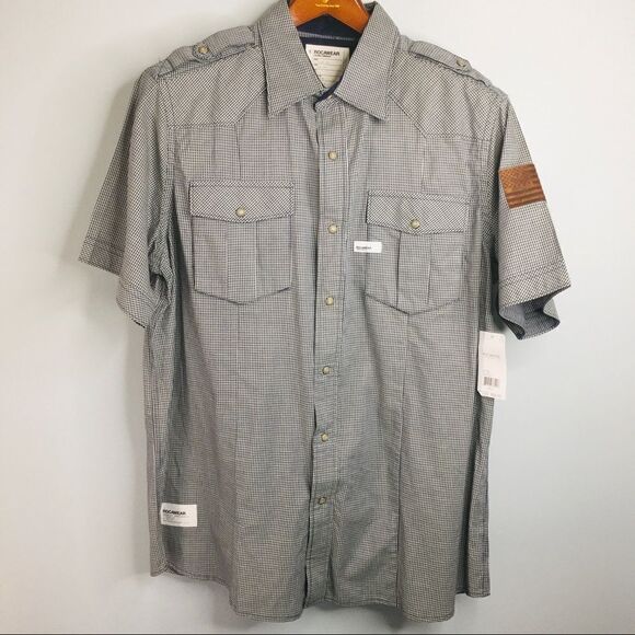 Rocawear Button Down Shirt Leather America Flag Micro Plaid Blue Green XL 2011 - Picture 3 of 13